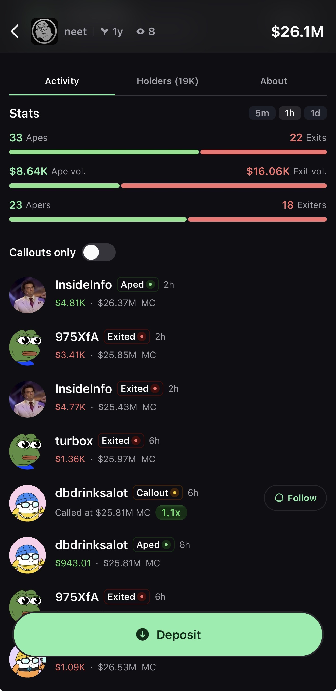 Pumpfun app activity screen showing Apes and Exits stats instead of buys and sells